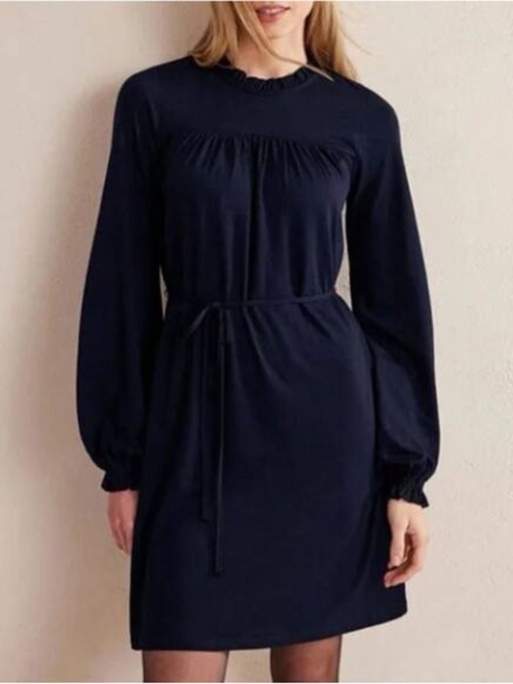 BODEN Easy Yoke Mini Jersey Dress Navy blue size 6 ruffle neck coastal prep